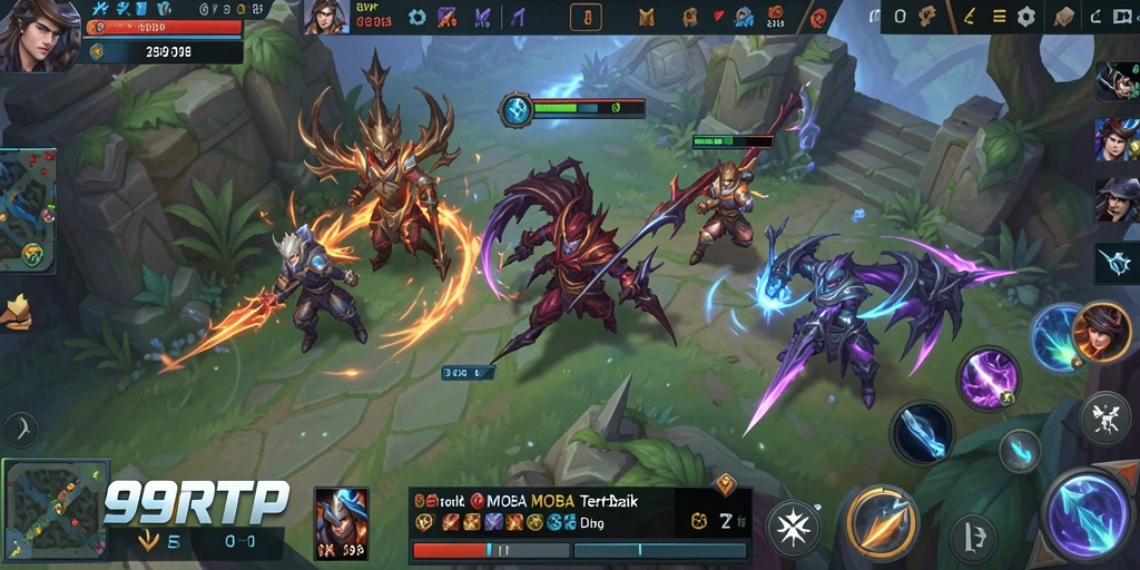 Tampilan gameplay 99RTP yang menampilkan pertempuran seru di arena MOBA.