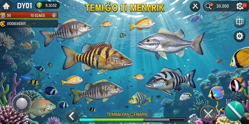 Tampilan gameplay Tembak Ikan yang menarik dan penuh warna.