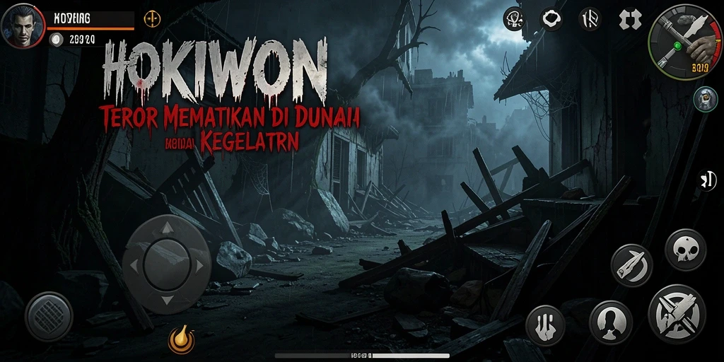 Screenshot dari gameplay HOKIWON yang menampilkan suasana menyeramkan.
