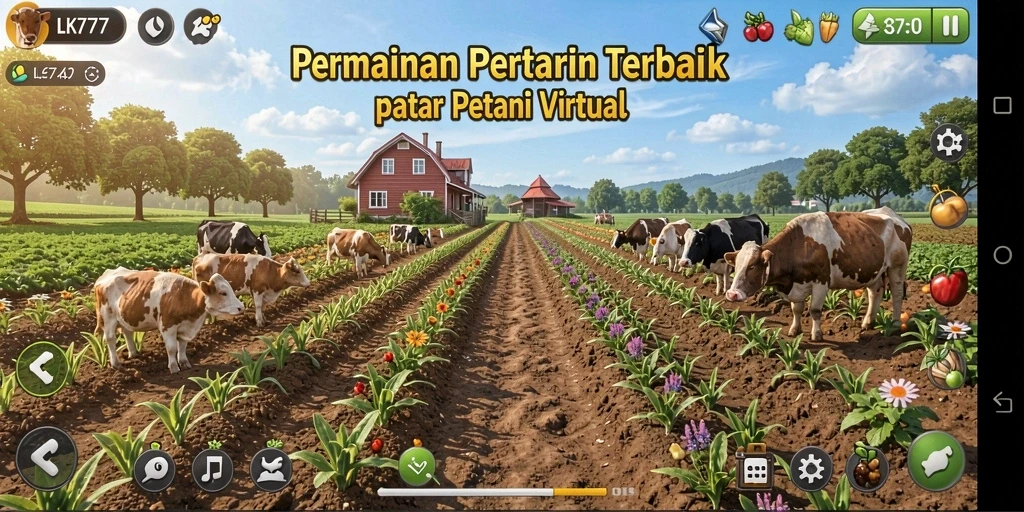 Tampilan gameplay LK777 dengan ladang subur dan hewan lucu.