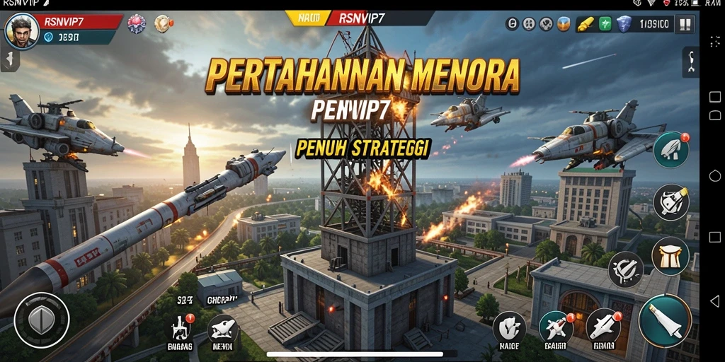 Tangkapan layar utama RSNVIP7 memperlihatkan gameplay menara pertahanan yang epik.